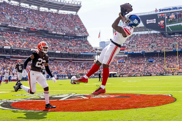 Malik Nabers catching a touchdown against the Cleveland Browns