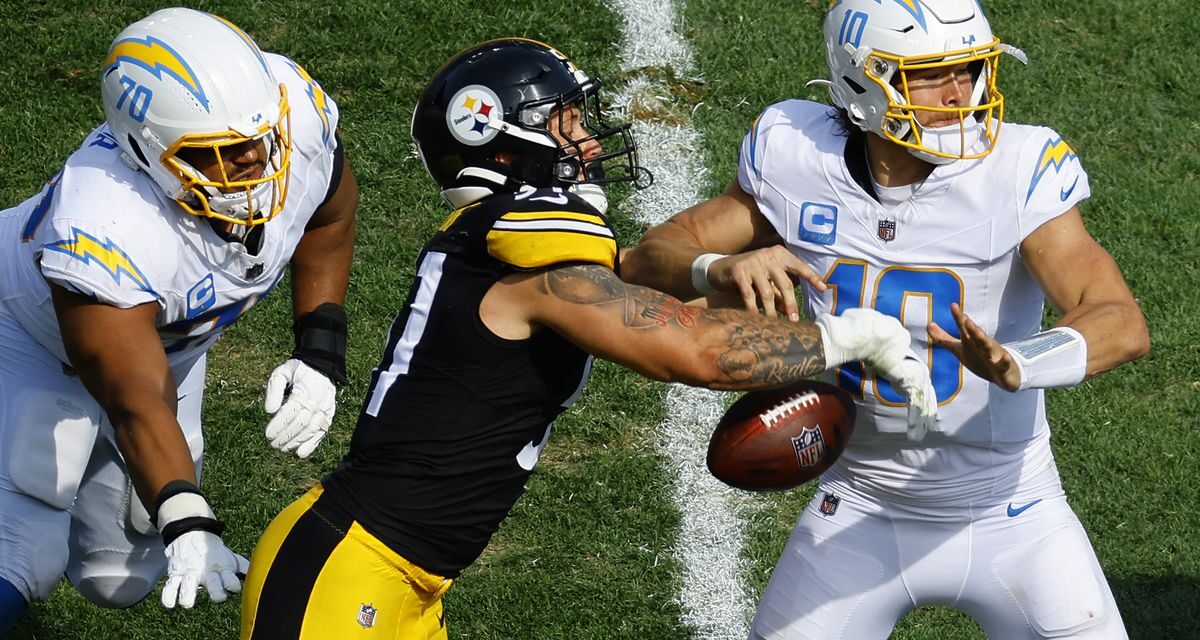 Steelers defender getting a strip sack on Justin Herbert, Chargers QB